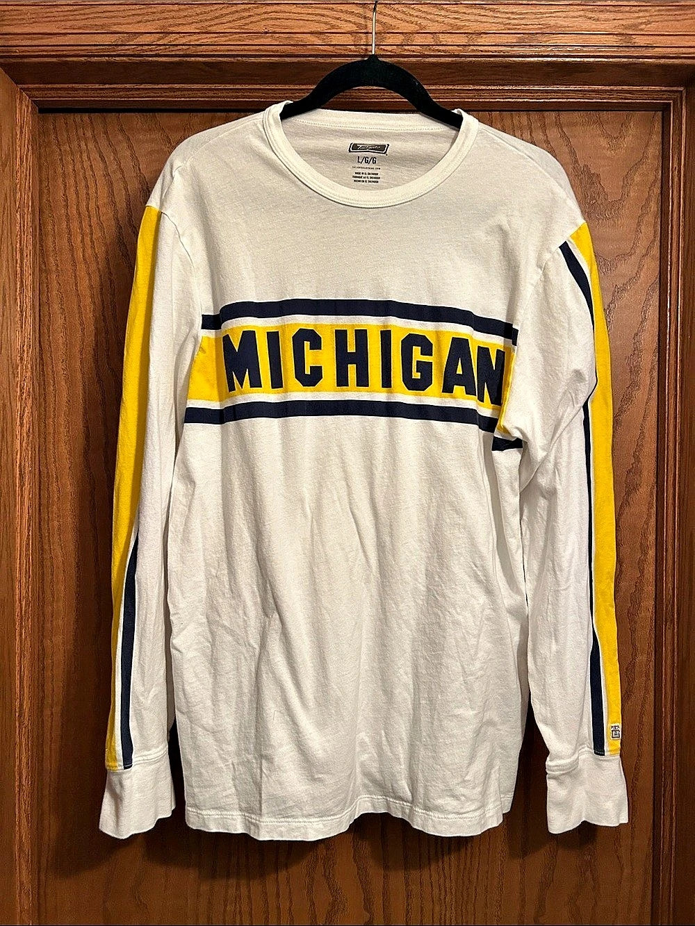 TG Michigan Wolverines Color Block Long Sleeve white T, maize & blue- Large